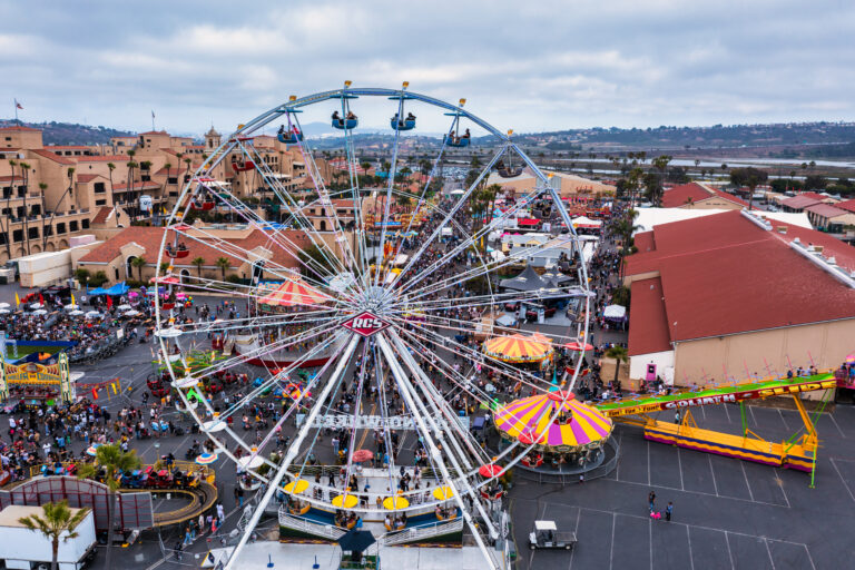 Drone shot of large ferries wheel at Del Mar Fairgrounds
