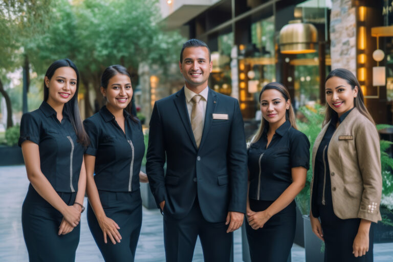 portrait shot of a hotel staff team together in front of the entrance of the luxury hotel.