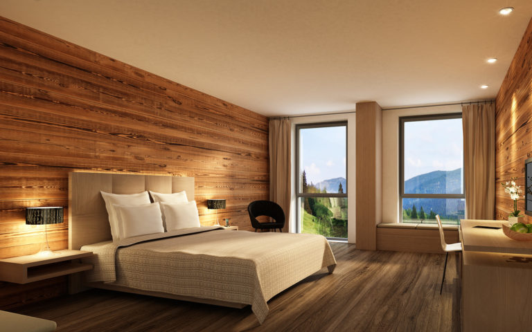 Hotelzimmer mit Holzwand