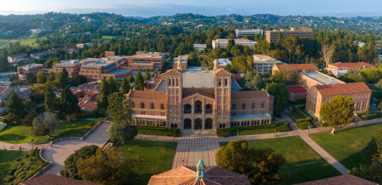 Aerial View of UCLA Campus Featuring Royce Hall in Serene Morning Light, Urban Westwood Surroundings